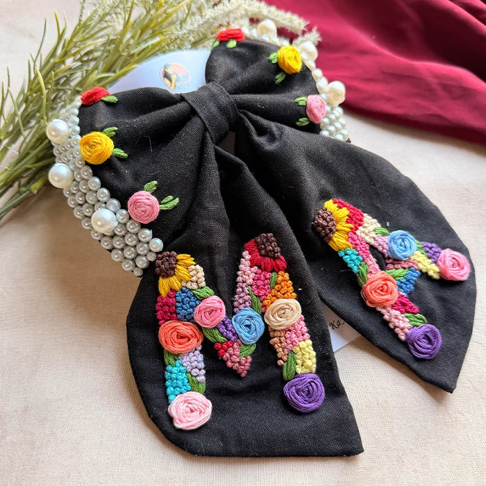 Couple Initial Black Hand Embroidered Personalized Bow Hair Clip