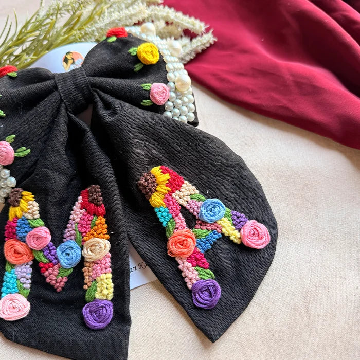 Couple Initial Black Hand Embroidered Personalized Bow Hair Clip