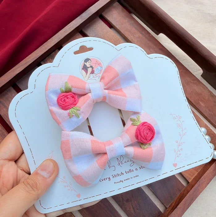 Checkmate Twins | Hand-Embroidered Gingham Bow Set