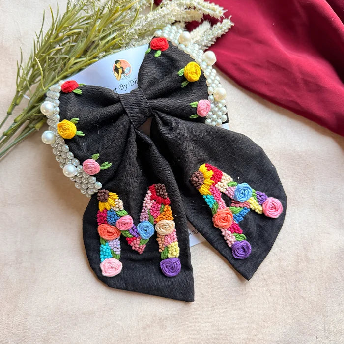 Couple Initial Black Hand Embroidered Personalized Bow Hair Clip