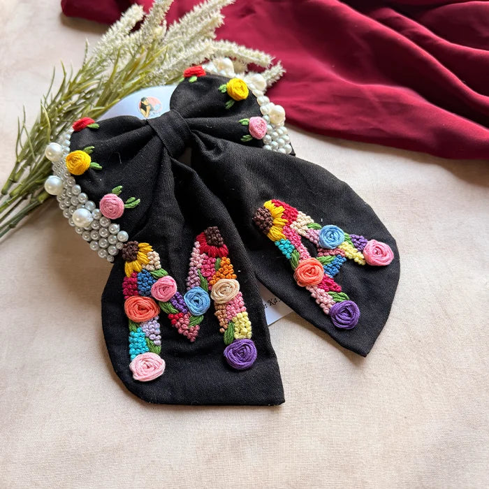 Couple Initial Black Hand Embroidered Personalized Bow Hair Clip