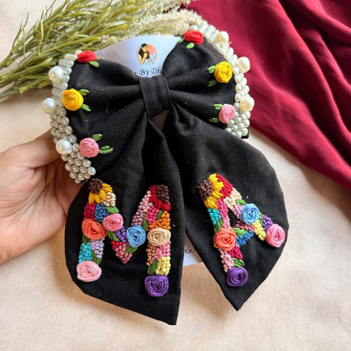 Couple Initial Black Hand Embroidered Personalized Bow Hair Clip