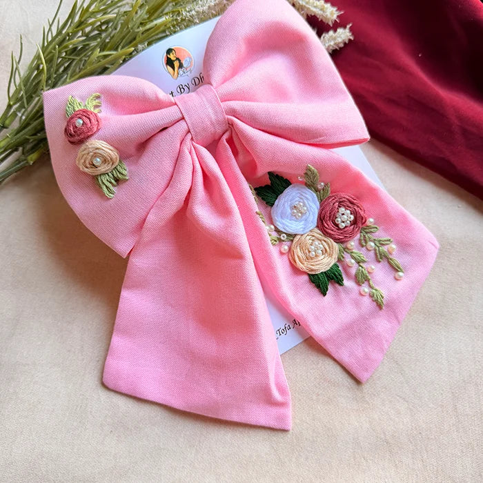 Pinkey Hand Embroidered Floral Bow Hair Clip