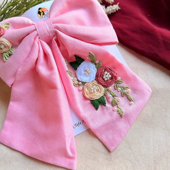 Pinkey Hand Embroidered Floral Bow Hair Clip