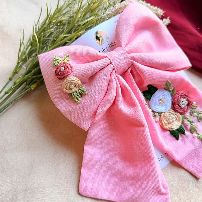 Pinkey Hand Embroidered Floral Bow Hair Clip
