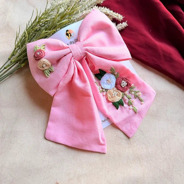 Pinkey Hand Embroidered Floral Bow Hair Clip