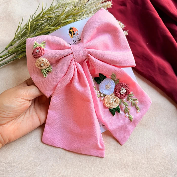 Pinkey Hand Embroidered Floral Bow Hair Clip