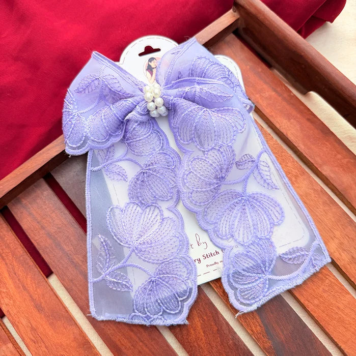 Fluttering Purple | Floral Lace Statement Hair Bow with Pearl Detail