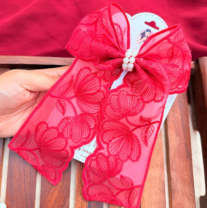 Fluttering Red | Floral Lace Statement Hair Bow with Pearl Detail