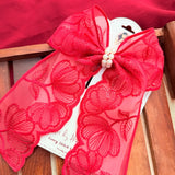 Fluttering Red | Floral Lace Statement Hair Bow with Pearl Detail