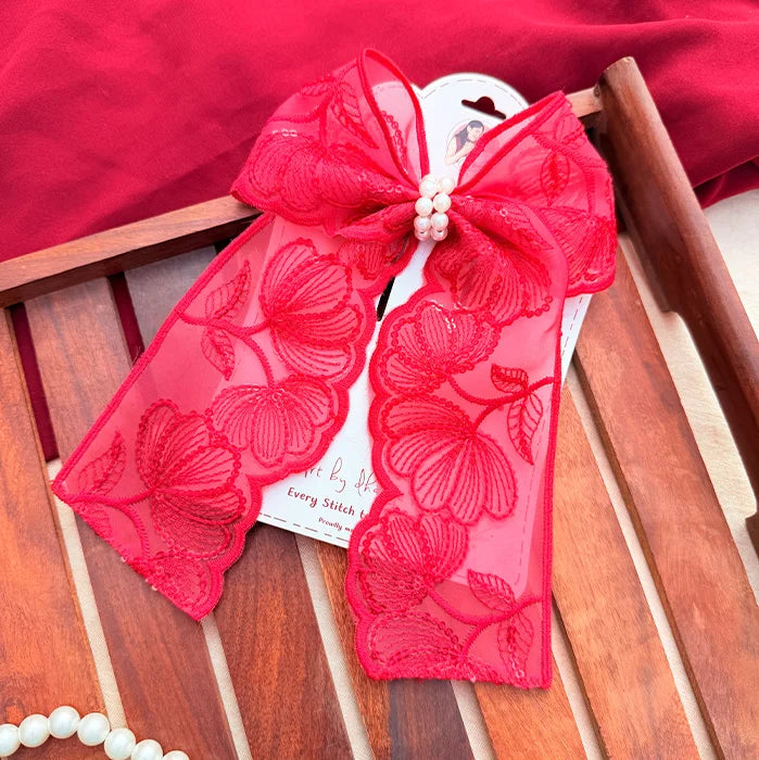 Fluttering Red | Floral Lace Statement Hair Bow with Pearl Detail