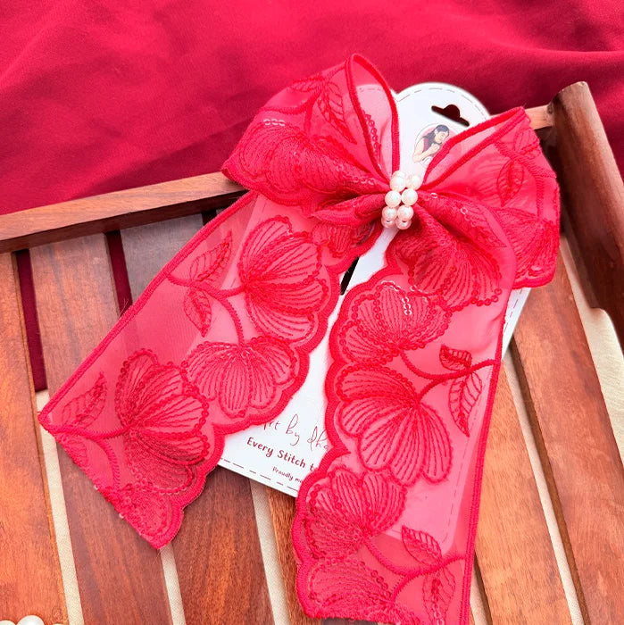 Fluttering Red | Floral Lace Statement Hair Bow with Pearl Detail