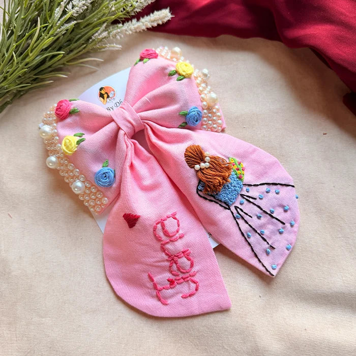 Aaina Pink Personalized Hand Embroidered Bow Hair Clip