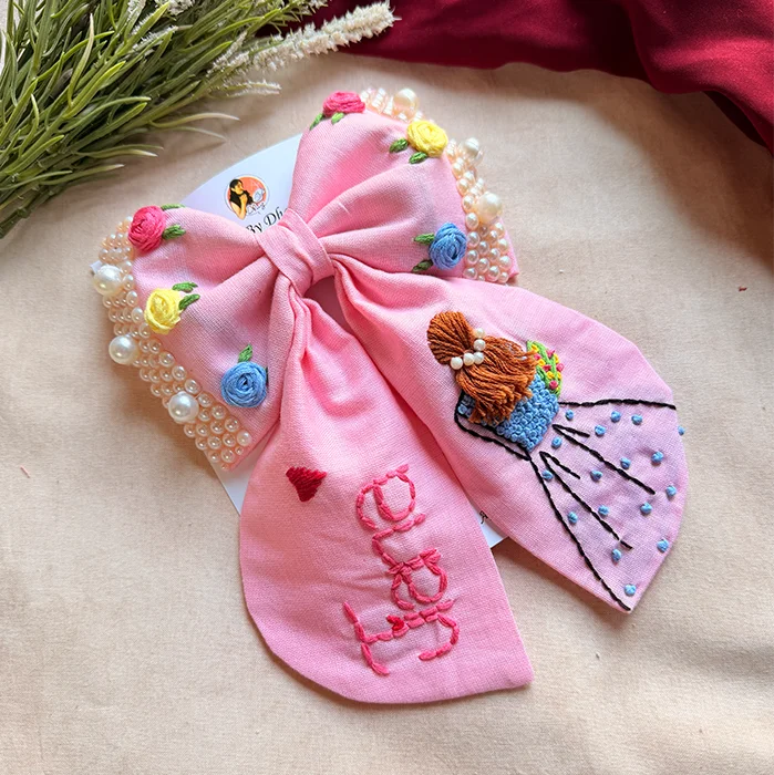 Aaina Pink Personalized Hand Embroidered Bow Hair Clip