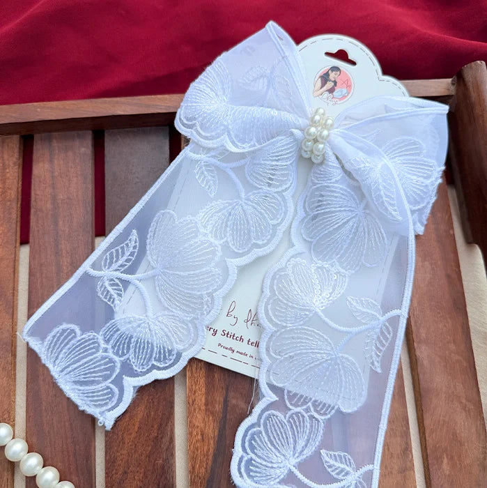 Fluttering White | Floral Lace Statement Hair Bow with Pearl Detail