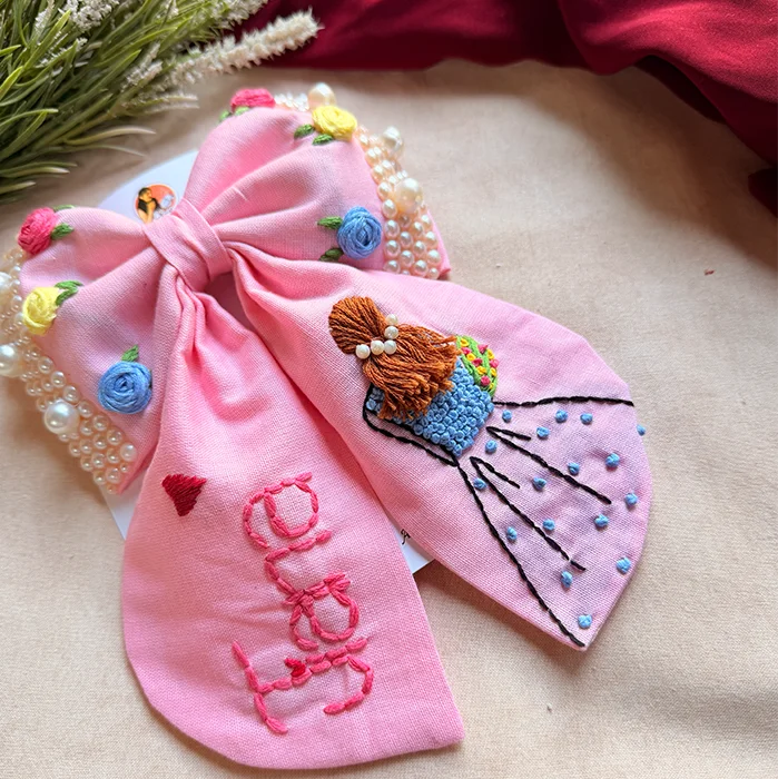 Aaina Pink Personalized Hand Embroidered Bow Hair Clip