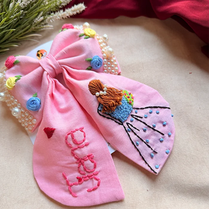 Aaina Pink Personalized Hand Embroidered Bow Hair Clip
