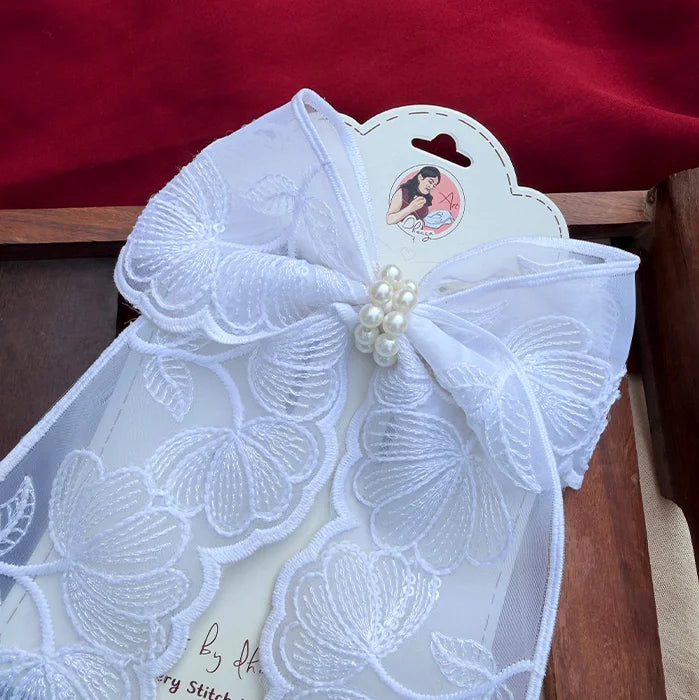 Fluttering White | Floral Lace Statement Hair Bow with Pearl Detail