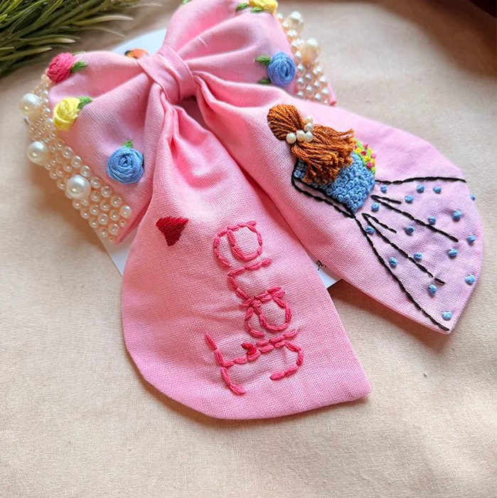 Aaina Pink Personalized Hand Embroidered Bow Hair Clip