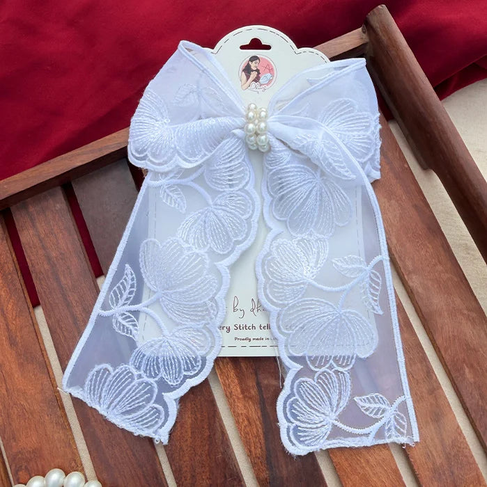 Fluttering White | Floral Lace Statement Hair Bow with Pearl Detail