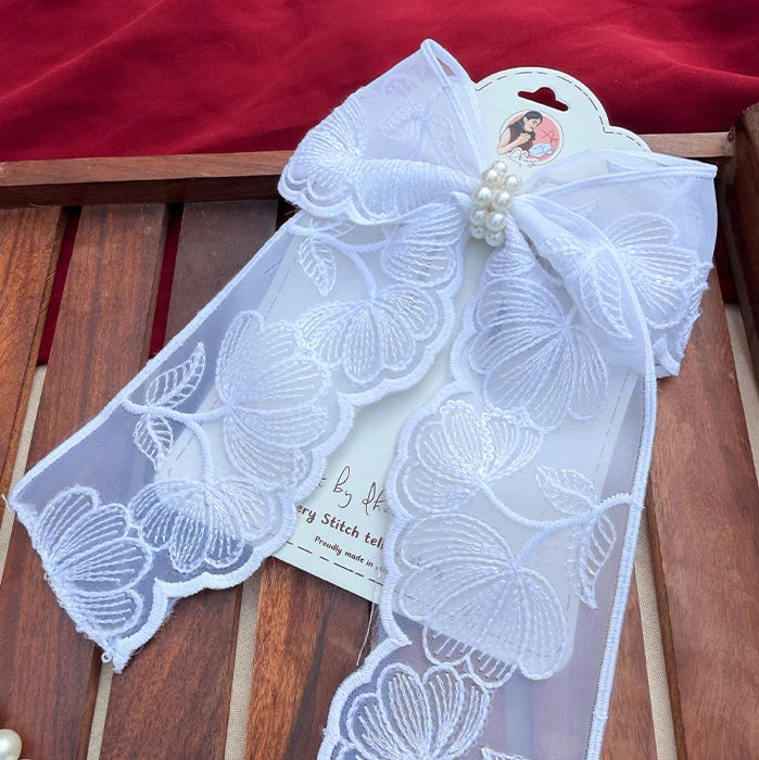 Fluttering White | Floral Lace Statement Hair Bow with Pearl Detail
