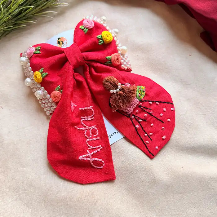 Aaina Red Personalized Hand Embroidered Bow Hair Clip