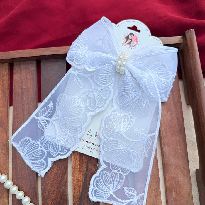 Fluttering White | Floral Lace Statement Hair Bow with Pearl Detail