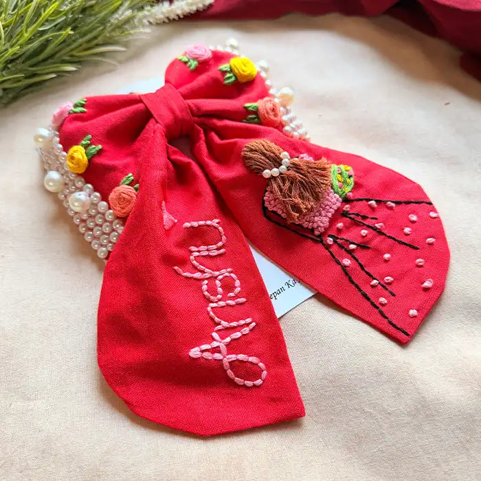 Aaina Red Personalized Hand Embroidered Bow Hair Clip