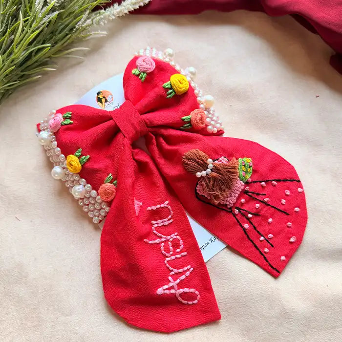 Aaina Red Personalized Hand Embroidered Bow Hair Clip