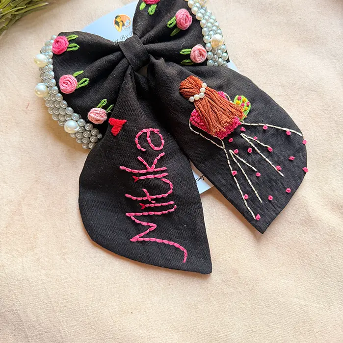 Aaina Black Bow – Hand Embroidered Personalized Pearl Hair Bow