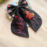 Aaina Black Bow – Hand Embroidered Personalized Pearl Hair Bow