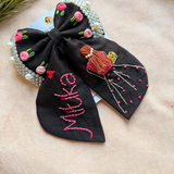 Aaina Black Bow – Hand Embroidered Personalized Pearl Hair Bow