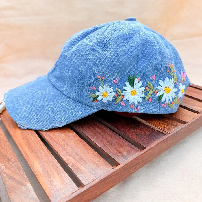Cloudburst Blue Cap | Hand-Embroidered Daisy Denim Cap