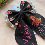 Aaina Black Bow – Hand Embroidered Personalized Pearl Hair Bow