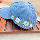 Cloudburst Blue Cap | Hand-Embroidered Daisy Denim Cap