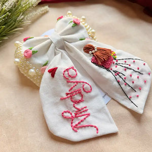 Aaina White Personalized Hand Embroidered Bow Hair Clip