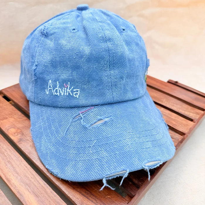 Cloudburst Blue Cap | Hand-Embroidered Daisy Denim Cap
