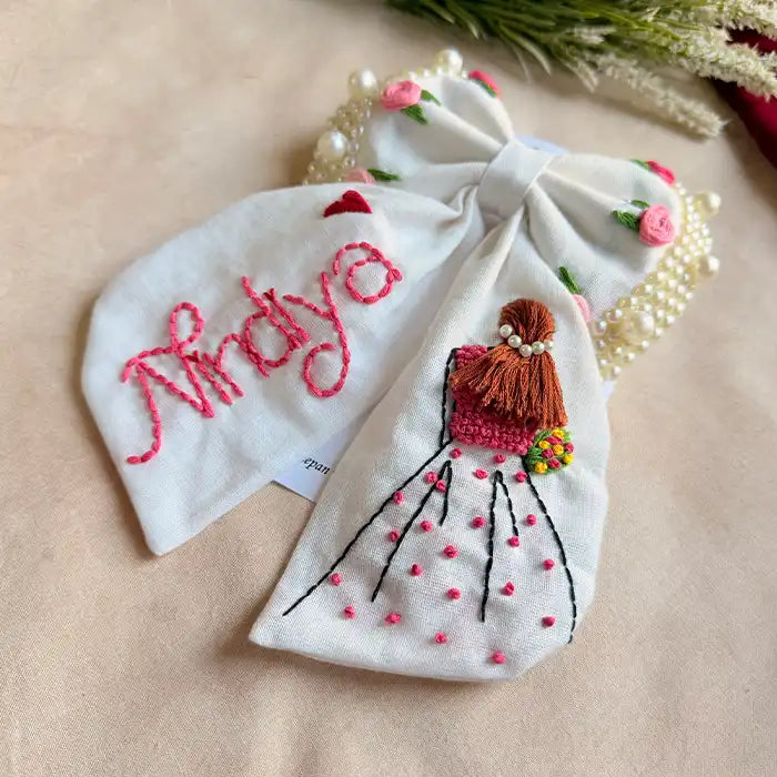 Aaina White Personalized Hand Embroidered Bow Hair Clip
