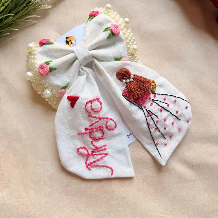 Aaina White Personalized Hand Embroidered Bow Hair Clip