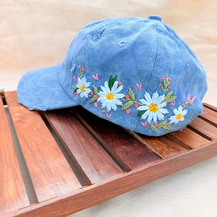 Cloudburst Blue Cap | Hand-Embroidered Daisy Denim Cap