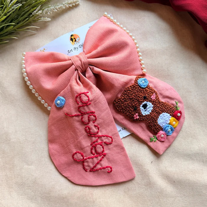 Cuddle Peach Personalized Teddy Hand Embroidered Bow Hair Clip