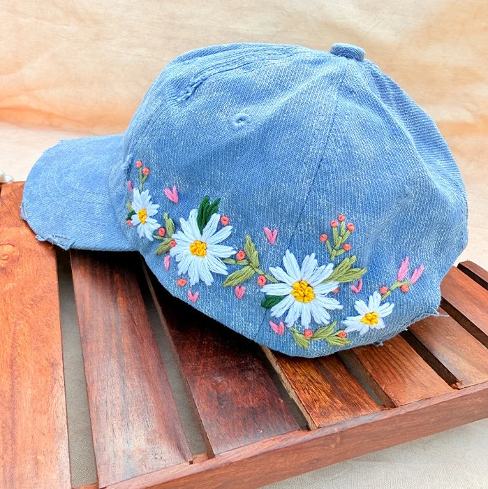 Cloudburst Blue Cap | Hand-Embroidered Daisy Denim Cap