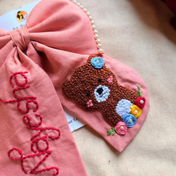 Cuddle Peach Personalized Teddy Hand Embroidered Bow Hair Clip