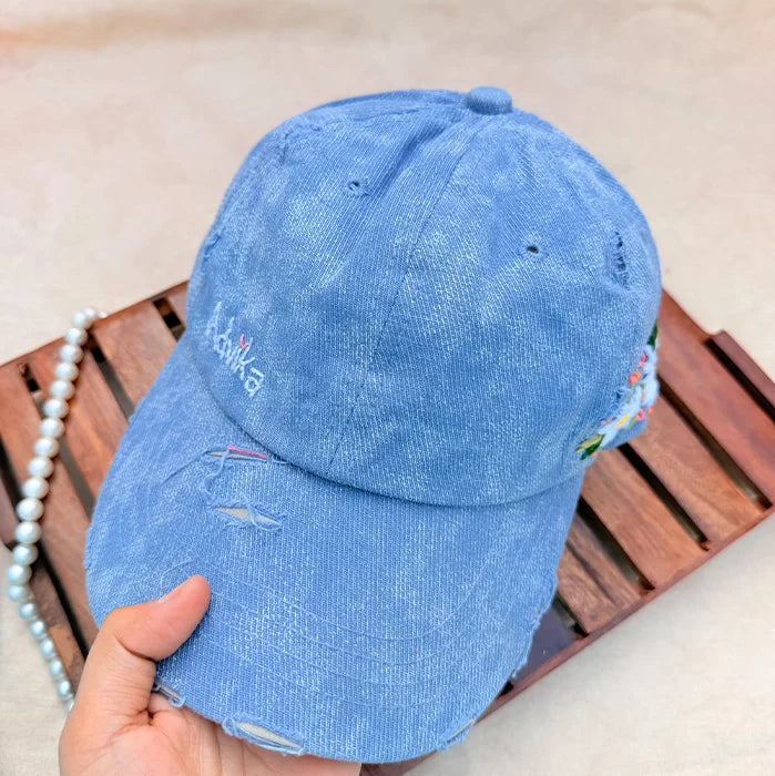 Cloudburst Blue Cap | Hand-Embroidered Daisy Denim Cap