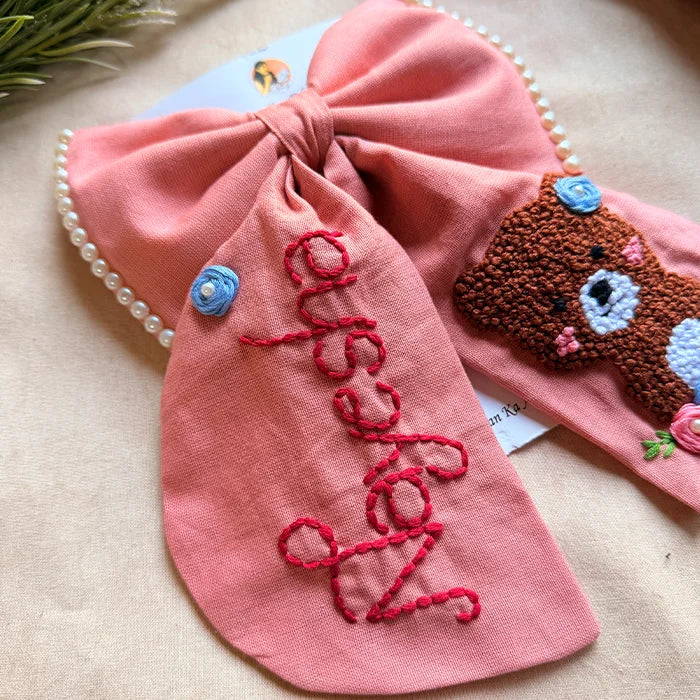 Cuddle Peach Personalized Teddy Hand Embroidered Bow Hair Clip