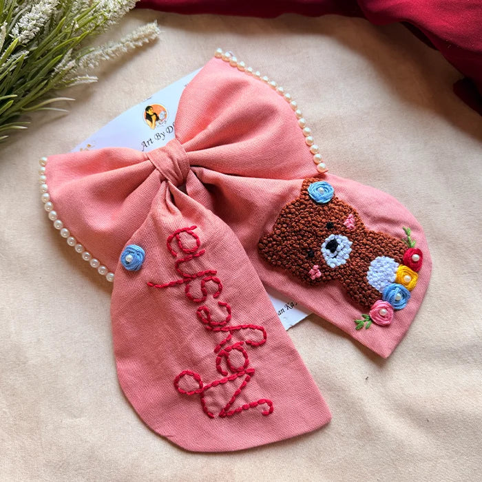 Cuddle Peach Personalized Teddy Hand Embroidered Bow Hair Clip