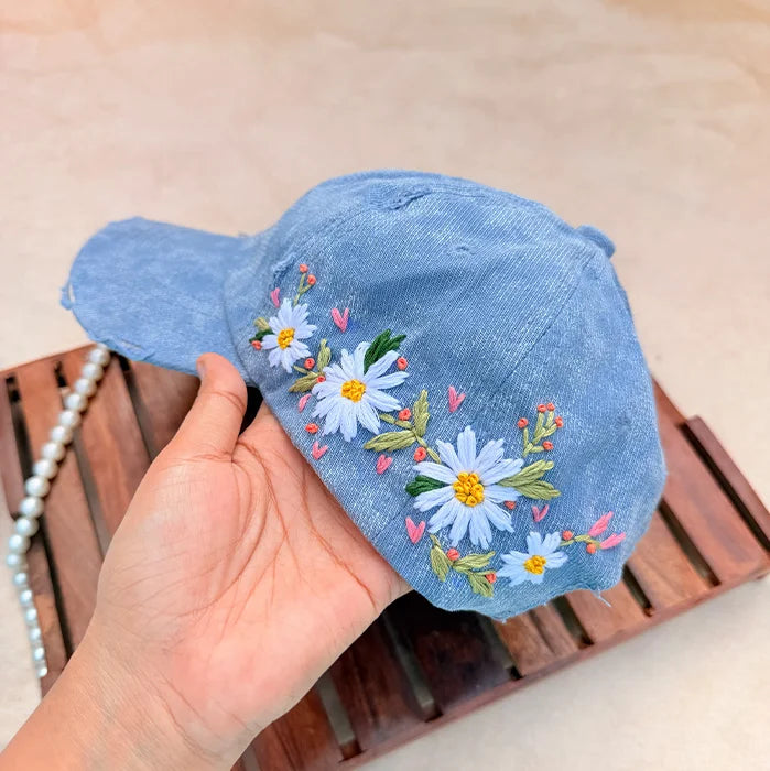 Cloudburst Blue Cap | Hand-Embroidered Daisy Denim Cap