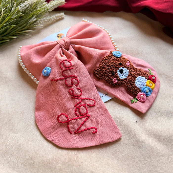 Cuddle Peach Personalized Teddy Hand Embroidered Bow Hair Clip