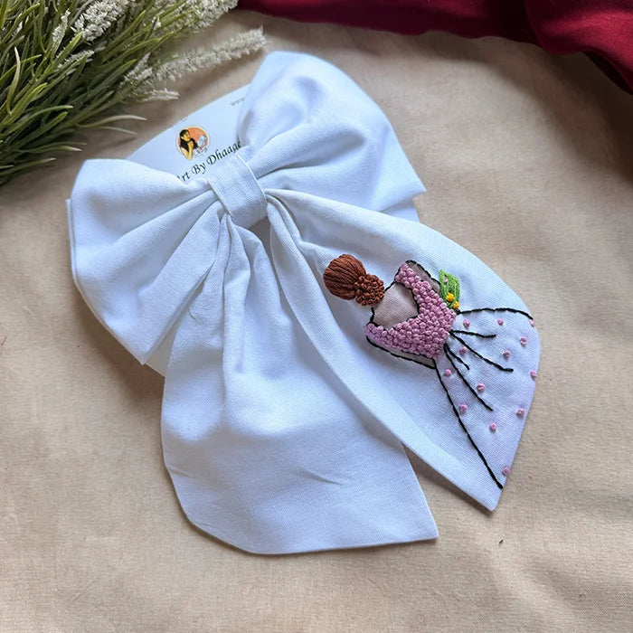 Khoobsurat White Hand Embroidered Bridal Bow Hair Clip