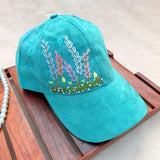 Aqua Meadow | Hand-Embroidered Floral Cap